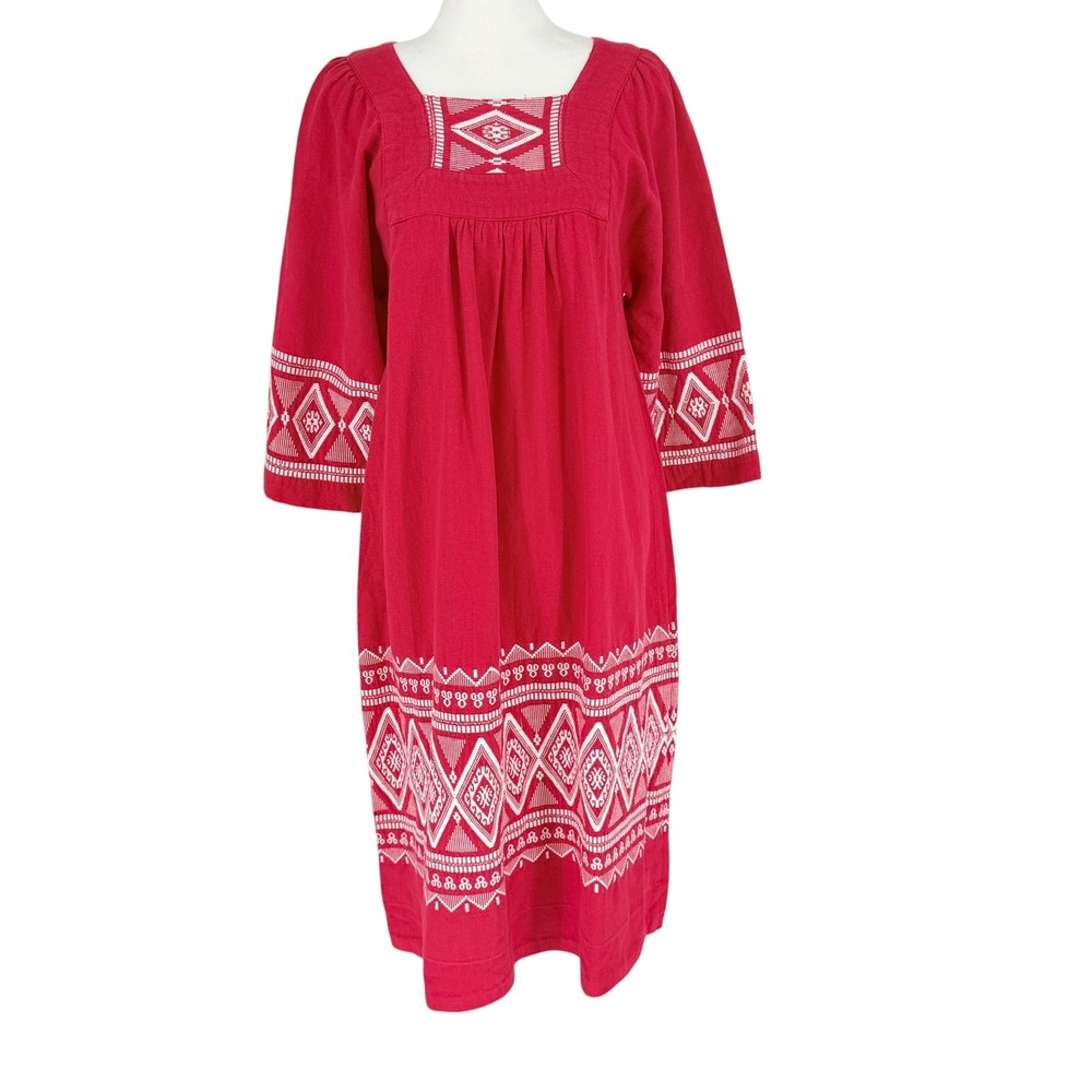 Irene Herbert's VTG 70s Red Cotton Embroidered Boho Midi Dress Square Neck Large - Picture 2 of 8